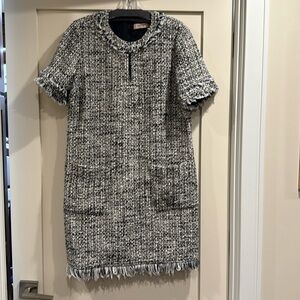 Twinset black/ivory cotton tweed dress with frayed detailing